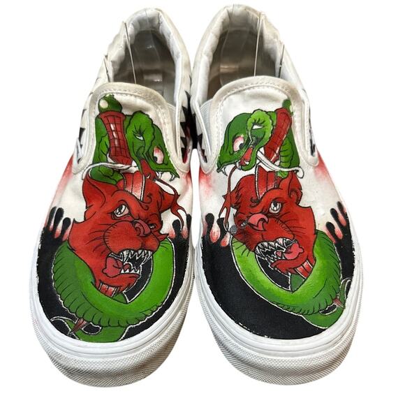 Vans Python Snake Devil Cat? Painted Slip On Sneakers Shoes Size M9.5 W11 - Picture 1 of 10